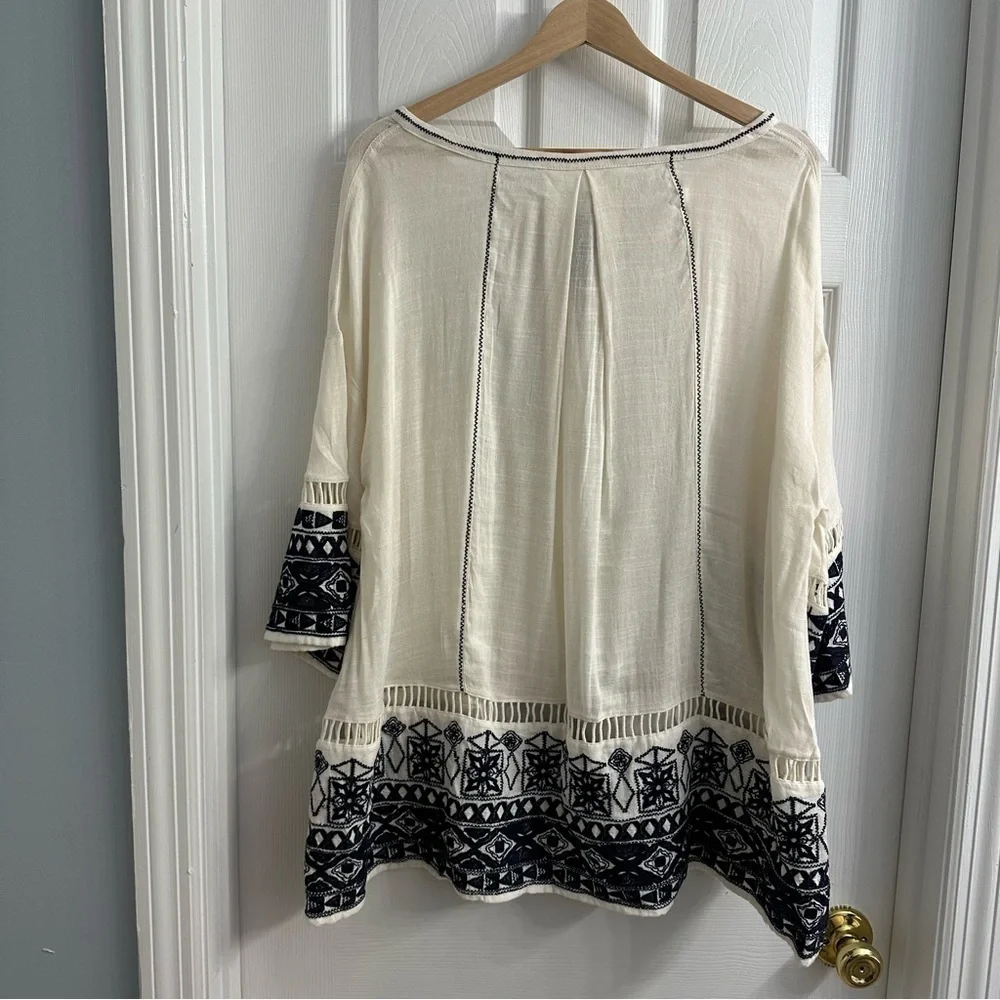 Free People Tunic Blouse Embroidered White Blue Oversized Boho Size Extra Small
